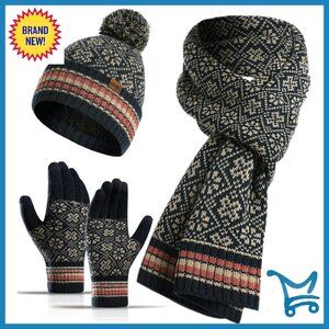 Winter Hat Scarf Gloves Set - Knit Beanie Touchscreen Gloves Long Scarf